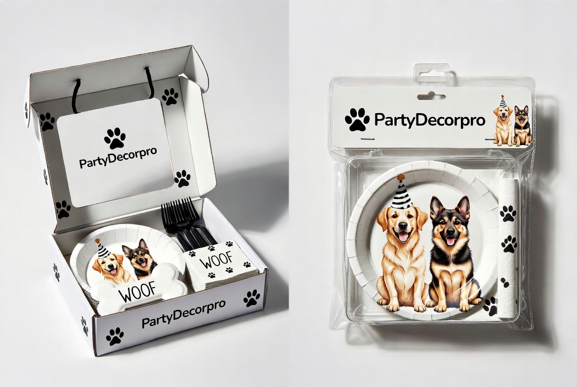 Two different custom packaging designs for dog party supplies including premium gift box and retail bundle set