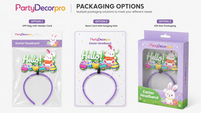 Easter themed headband packaging collection featuring OPP bag, hanging card and gift box display solutions for retail and wholesale presentation