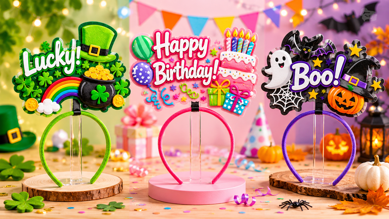 Colorful festive themed party headbands featuring lucky, birthday and Halloween designs with layered decorative elements for celebrations and wholesale supply