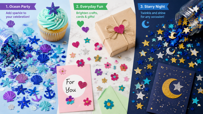 Creative glitter confetti collection featuring ocean, floral, and celestial themed designs with custom shape and color options for party decoration, gift packaging, and craft projects