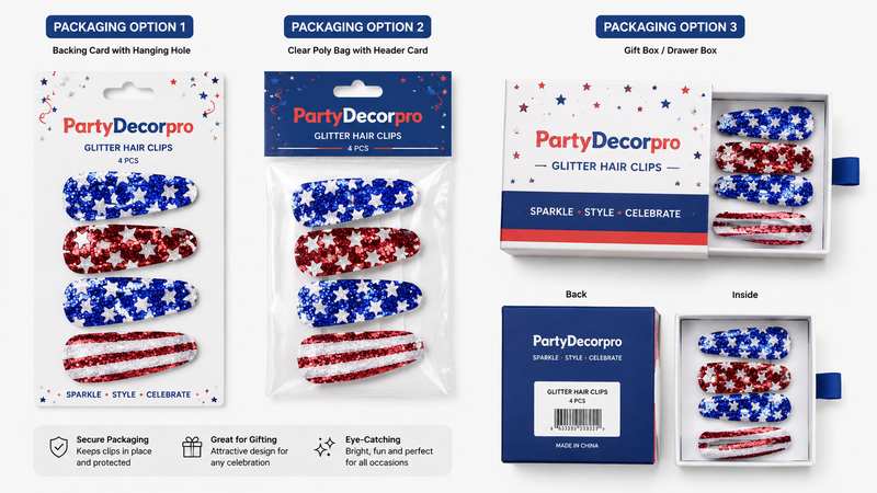 Three custom packaging solutions for glitter hair clips including backing card packaging, clear poly bag packaging and premium drawer gift box presentation for retail and wholesale display