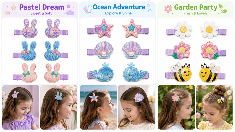 16:9 themed glitter hair clip collection featuring bunny, ocean and garden inspired designs with colorful decorative clips for kids and custom wholesale solutions