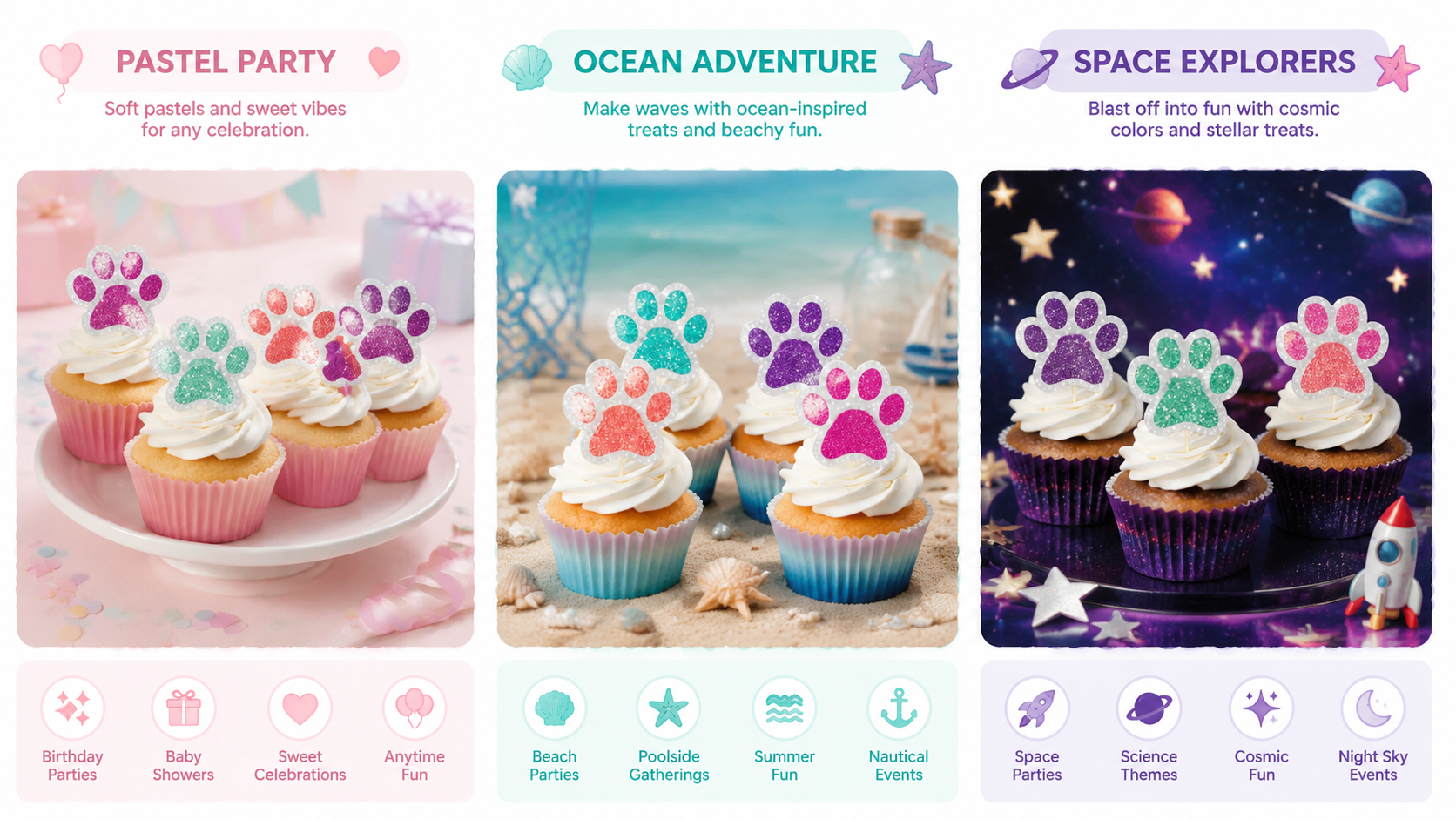 Colorful glitter paw print cupcake toppers for party and birthday decoration
