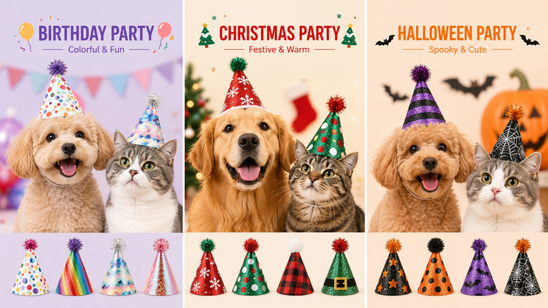 Custom themed glitter pet party hats with pom-pom decorations for birthday, holiday, and festive pet celebrations