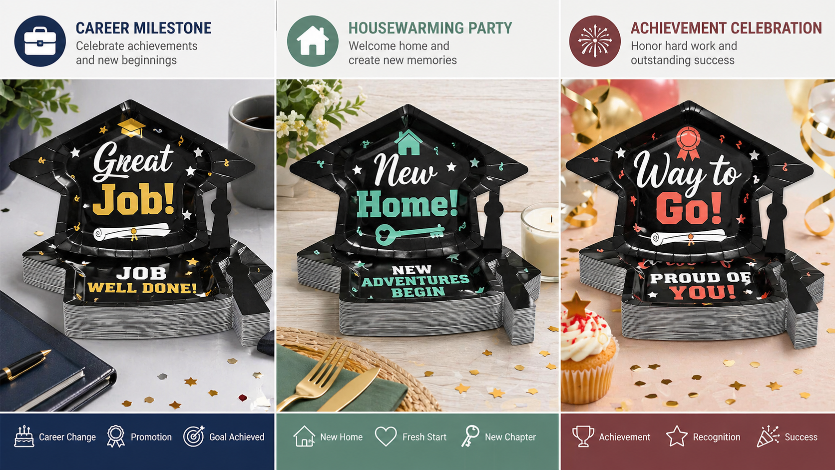 Graduation cap shaped themed party paper plates for career milestone housewarming and achievement celebration customization options
