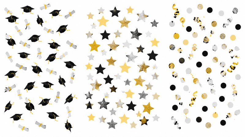Graduation confetti design concepts featuring graduation caps, diplomas, star confetti, and metallic round sequins in black, gold, and silver color combinations