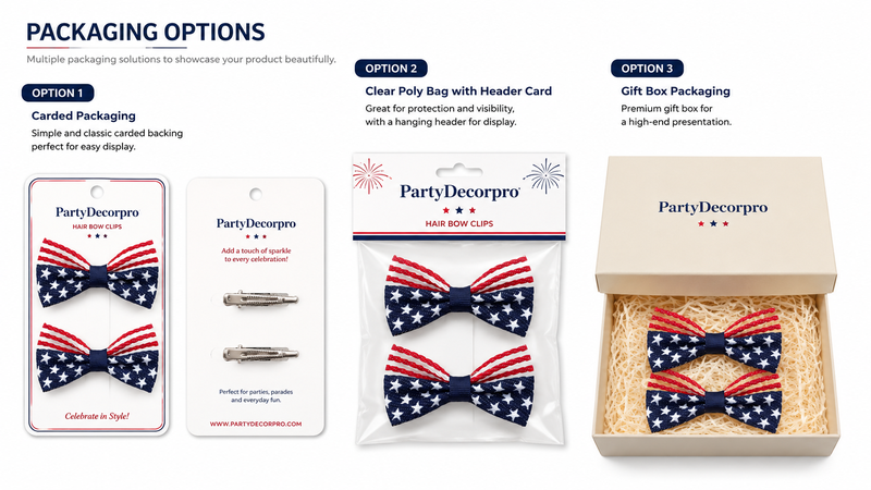 Hair bow clip packaging showcase featuring carded backing cards, clear poly bag header packaging, and premium gift box packaging with customizable branding solutions.