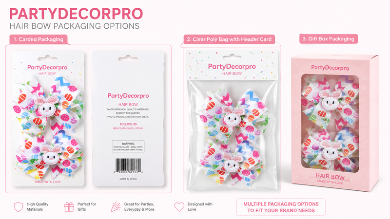 Two custom hair bow packaging concepts featuring carded display packaging and clear poly bag with header card for retail and branding presentation