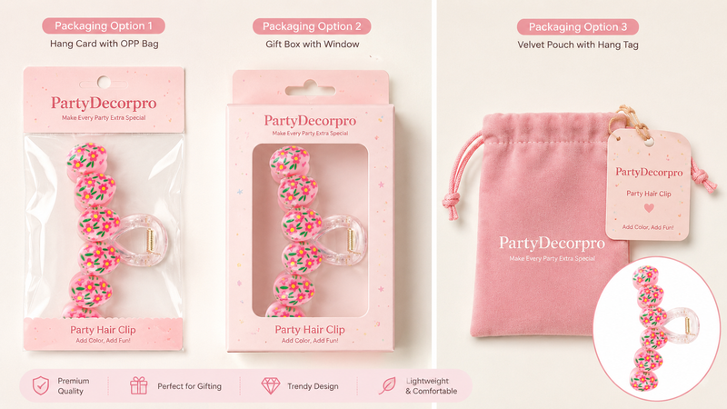 Hair clip packaging mockup featuring hang card bag, window gift box and velvet pouch concepts with customizable branding display for retail and wholesale presentation