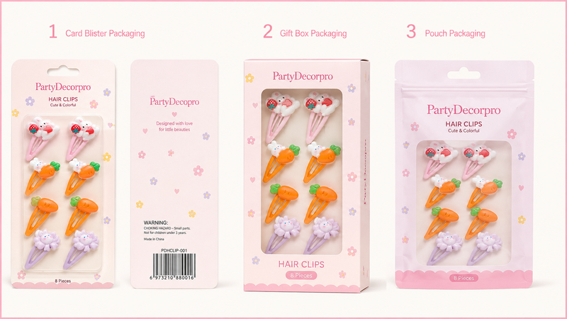 Hair clip packaging design concepts featuring blister card packaging, window gift box and resealable pouch options with customizable retail presentation for children's accessories.