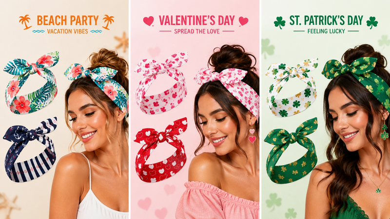 Custom themed bow headbands featuring beach party, Valentine’s Day and lucky themed designs with soft fabric and adjustable styling