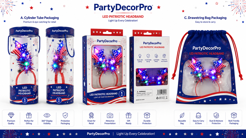 LED patriotic headband packaging showcase featuring cylinder tube, gift box, and drawstring bag packaging with customizable branding and retail display solutions.