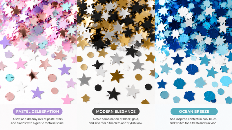 Custom Metallic Confetti Design Collection Featuring Pastel Celebration, Modern Elegance and Ocean Theme Shapes for Party and Event Decorations