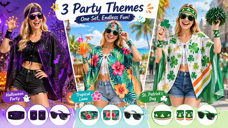 Three themed party accessory set concepts featuring Halloween, Tropical Luau and St. Patrick inspired cape, headband, wristband and sunglasses combinations