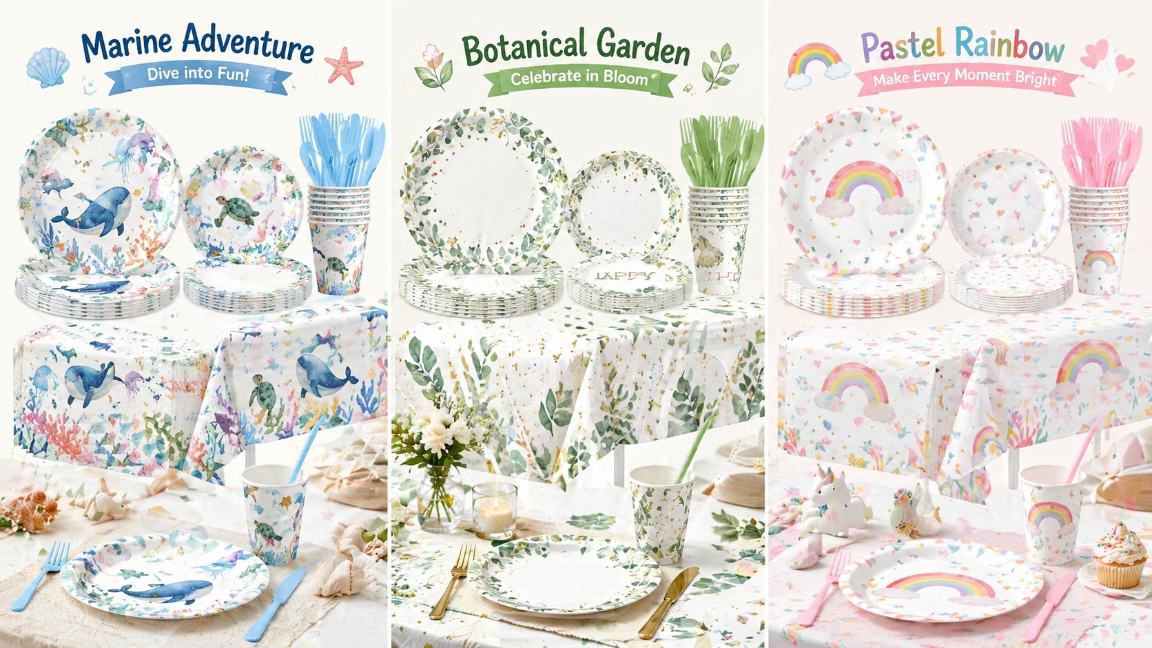 Multi theme party tableware set with plates cups napkins tablecloth and cutlery for birthday and event decoration