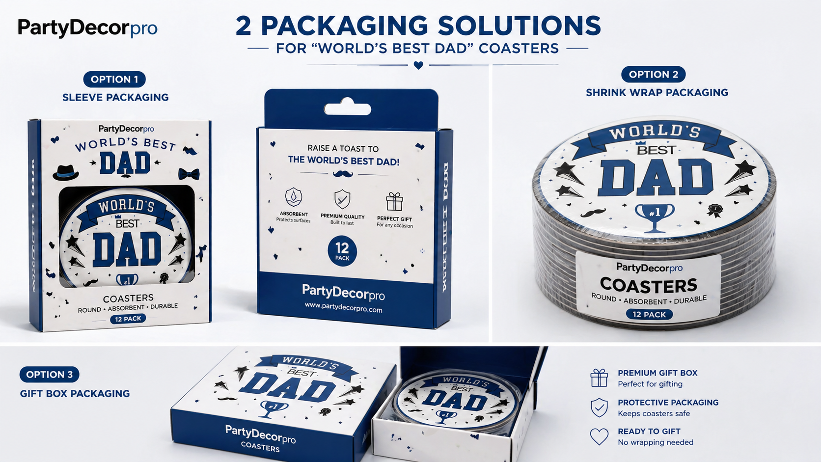 Father’s Day round coaster packaging solutions with retail box and shrink wrap styles suitable for custom branded gift and retail presentation