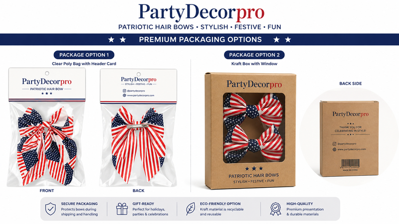 Patriotic American flag hair bow packaging presentation featuring clear header card bag and window gift box retail packaging options with custom branding solutions