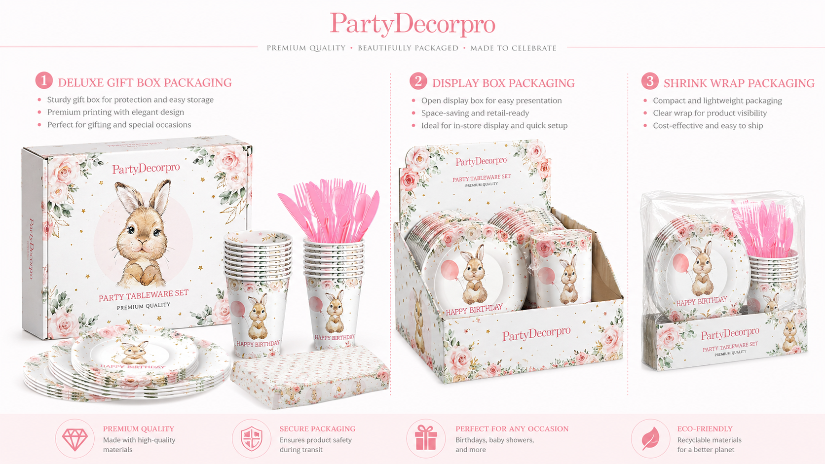 Party tableware set packaging solutions including gift box display box and shrink wrap packaging styles for custom branding presentation