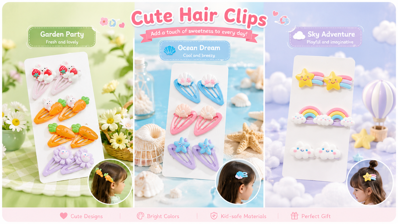 Pastel themed kids snap hair clips collection featuring animal, carrot, ocean and sky designs displayed in a multi-theme presentation board with cute colorful details.