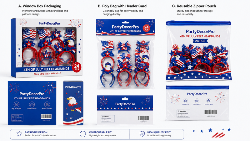 Patriotic felt headband packaging showcase featuring window box, hanging bag, and reusable pouch packaging designs with customizable branding and retail display options.