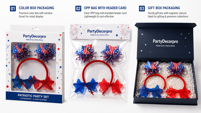 Multiple custom packaging solutions for patriotic party headband and star glasses sets including color box, OPP bag and gift box display concepts
