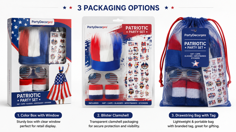 Patriotic party accessory packaging showcase featuring window box, blister pack, and drawstring bag packaging solutions with customizable branding and retail display styles.