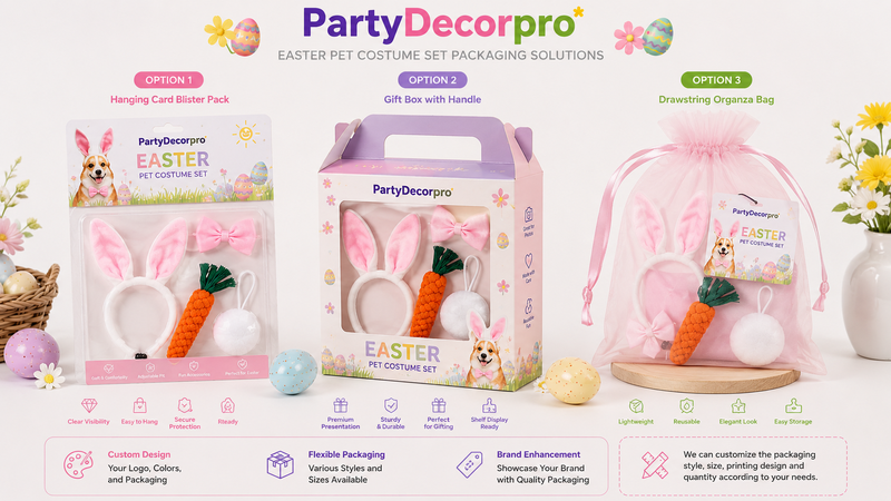 Pet costume packaging collection featuring blister card packaging, handled gift box and organza bag display solutions for retail and wholesale
