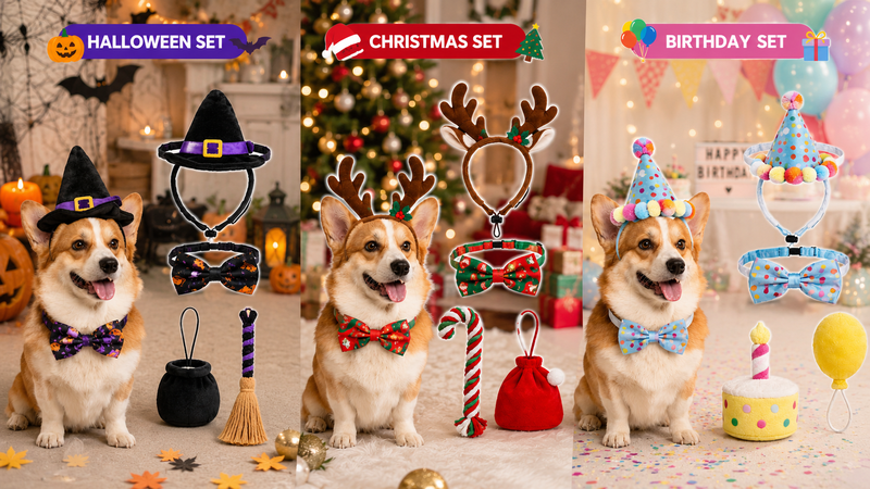 Pet costume collection featuring Halloween Christmas and birthday themed accessories for dogs with festive decorative sets and party backgrounds