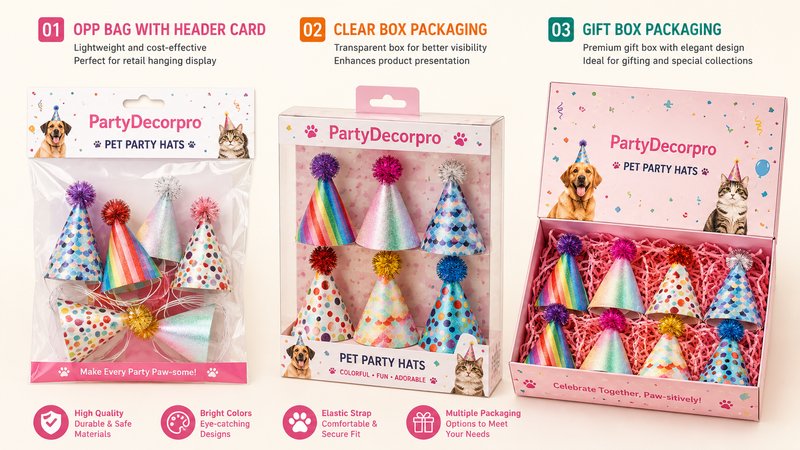 Custom pet party hat packaging showcase featuring hanging bag, display box, and gift box options with colorful party hat collections and retail presentation designs