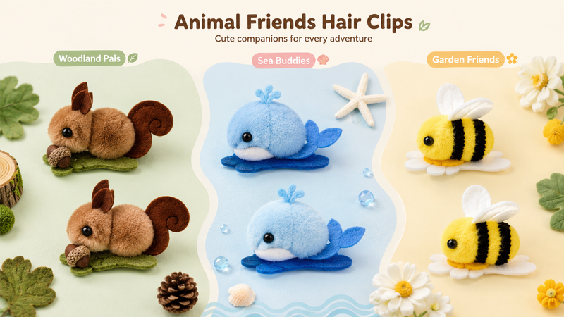 Cute plush animal-themed hair clips featuring woodland squirrel, ocean whale, and garden bee designs with soft fabric and custom styling options in a 16:9 product showcase layout
