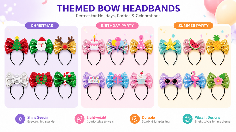Sequin bow headband collection featuring Christmas, birthday and summer party themed designs with colorful decorative elements