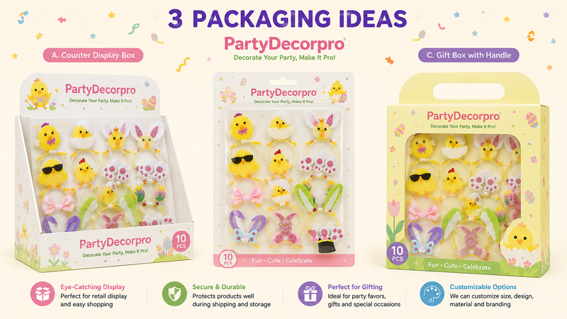 16:9 packaging showcase featuring spring themed novelty headband sets with window gift box, hanging bag and organza pouch packaging concepts for custom branding