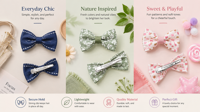 16:9 collage showcasing three themed bow hair clip collections including everyday chic, nature-inspired, and sweet playful styles with front and back views