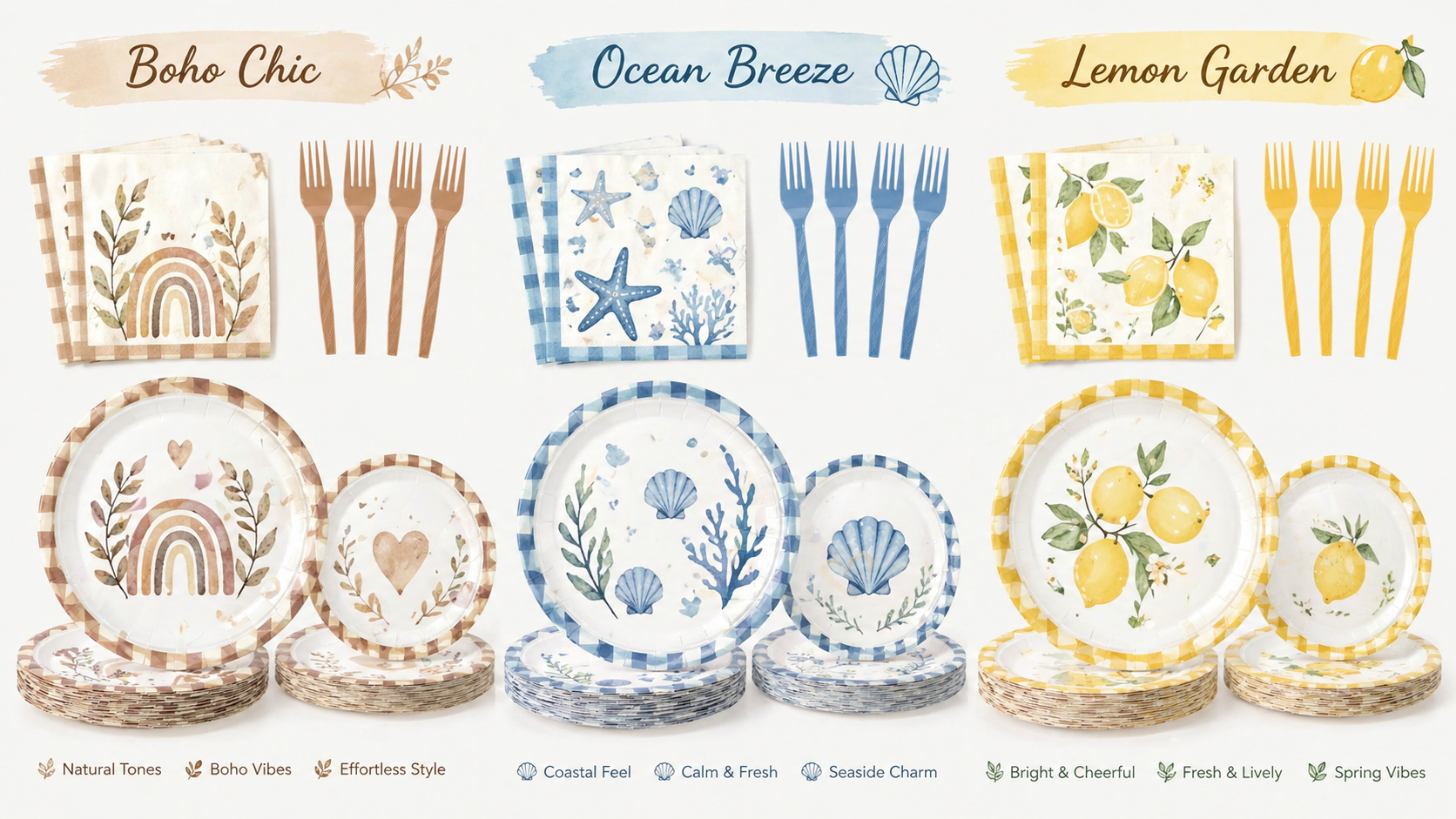 Disposable party tableware sets in boho coastal and lemon themes with matching plates napkins and forks