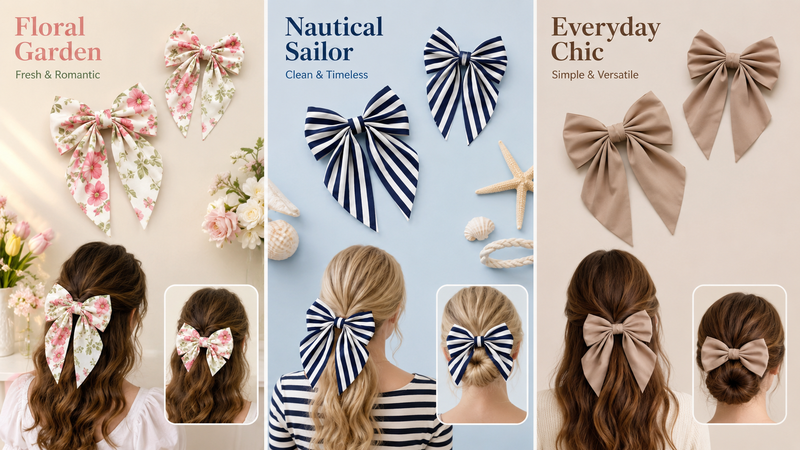 Wide 16:9 showcase of oversized bow hair clips in floral, nautical and minimalist themes with elegant styling and customizable design options