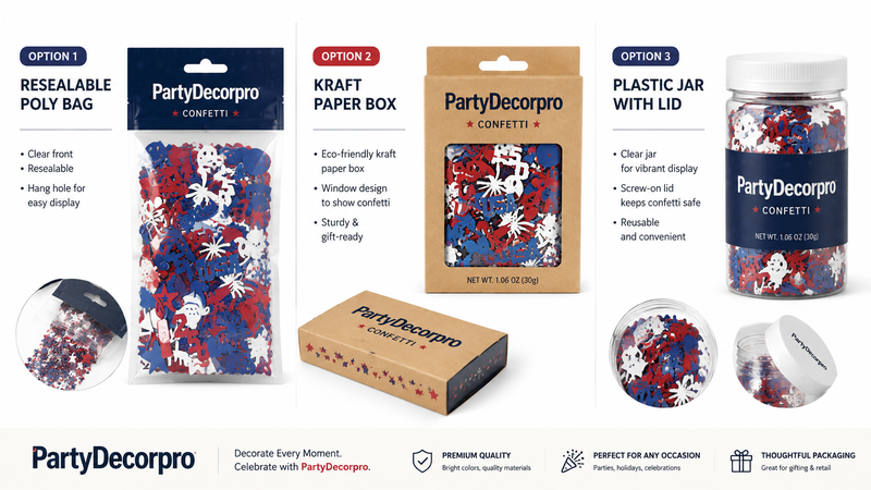 Patriotic USA themed confetti packaging showcase with resealable pouch, kraft box, and clear jar packaging designs for custom party decoration branding