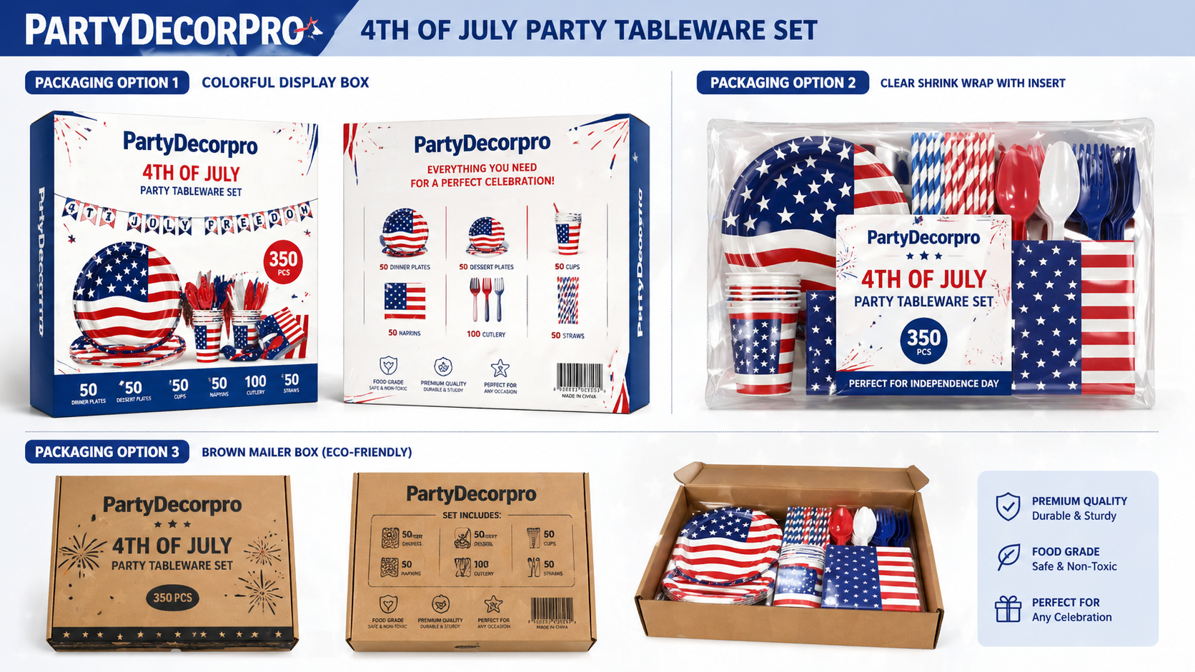 Multiple packaging options for patriotic disposable party tableware set including display box shrink wrap and kraft box packaging solutions