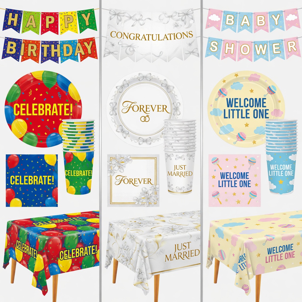 Three-panel 16:9 party supplies showcase featuring customizable Birthday, Wedding and Baby Shower themes with matching banners, plates, cups, napkins and tablecloths