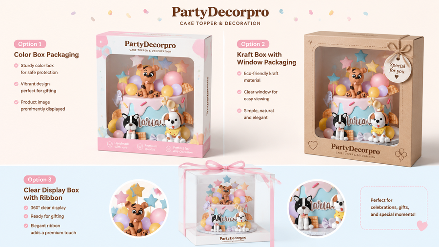 Creative cake topper packaging with three styles in pastel colors, customizable to showcase your brand.
