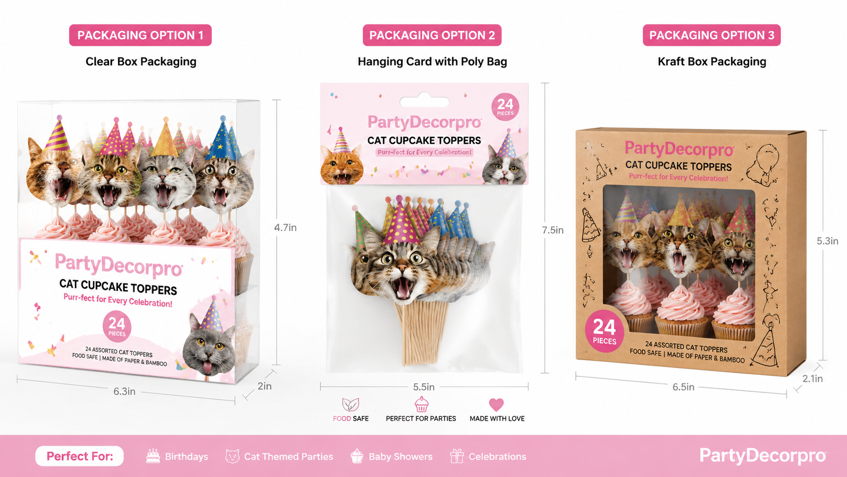 Creative packaging options for cat-themed cupcake toppers including clear box, hanging card bag, and kraft box.