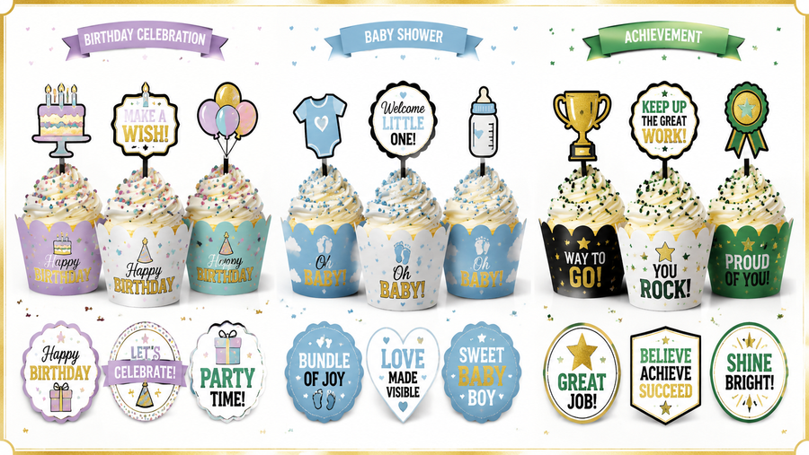 Celebration-themed cupcake toppers for birthday, baby shower, and graduation, customizable and detailed.