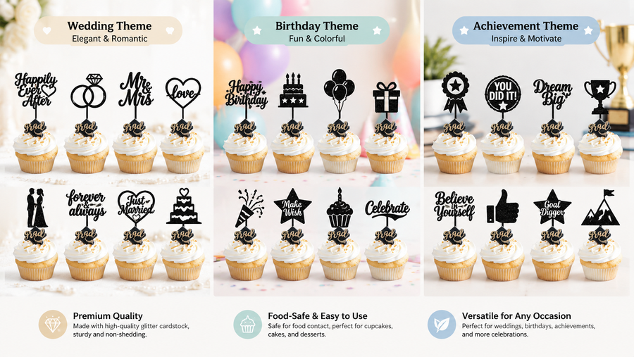 Multi-theme cupcake toppers for weddings, birthdays, and graduation, food-safe and easy to use