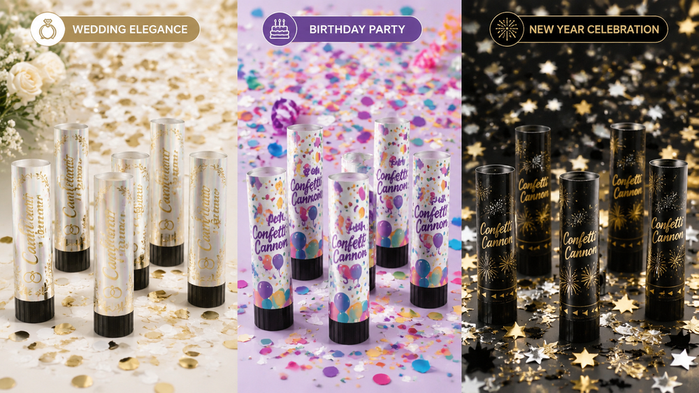 Three themed confetti cannon packaging designs for weddings, birthdays, and New Year celebrations, colorful and festive.