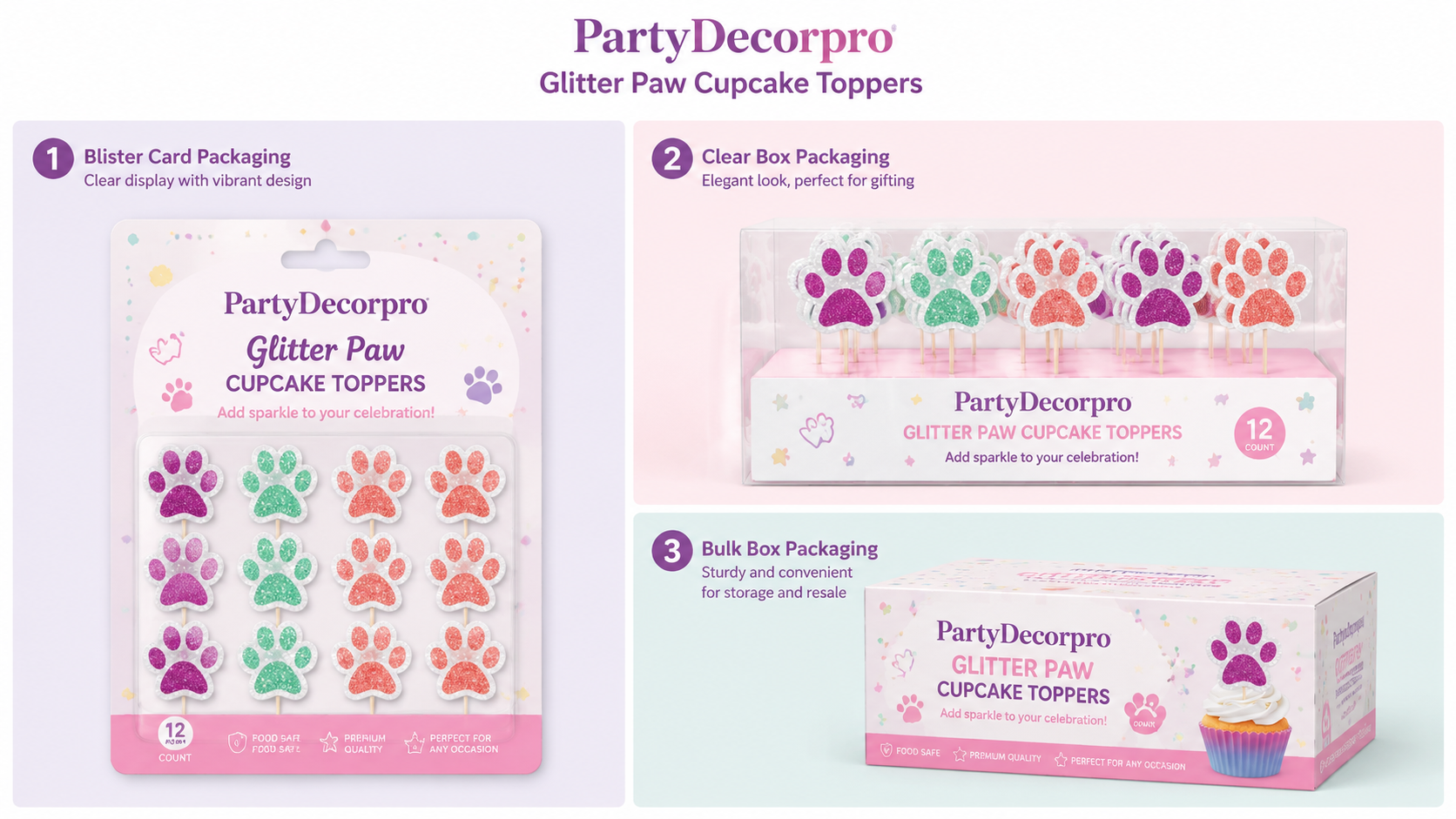 Three types of cupcake topper packaging showcasing customizable options for brand presentation.