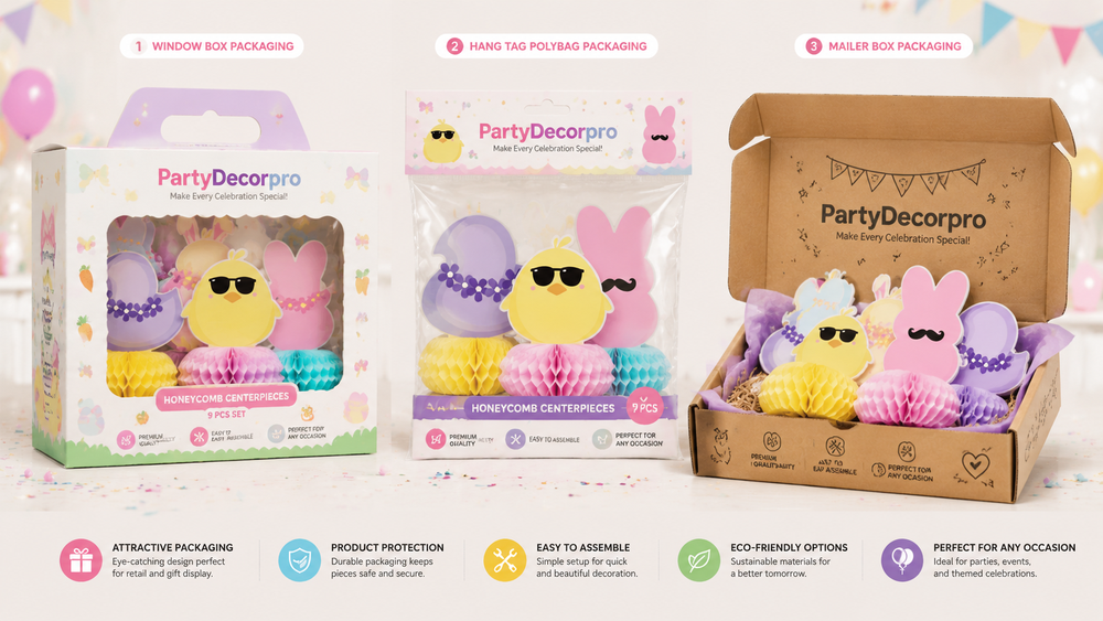 Easter honeycomb centerpiece packaging options including window box, polybag, and mailer box.