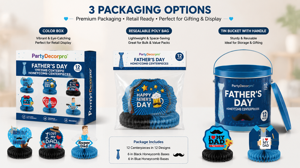 Father's Day honeycomb paper centerpieces with colorful printed cardstock and pleated bases for wholesale and retail