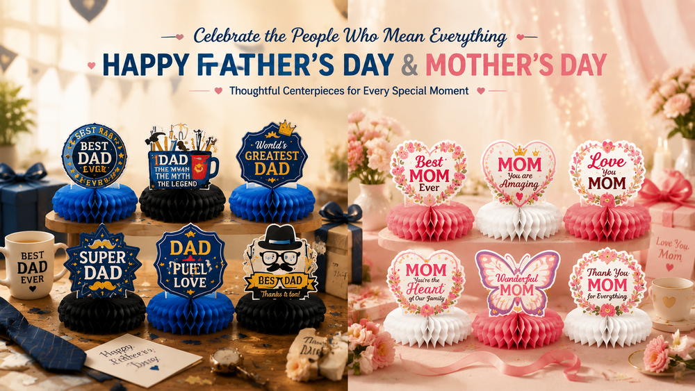 Father’s and Mother’s Day themed honeycomb paper centerpieces with colorful designs and festive tabletop arrangement