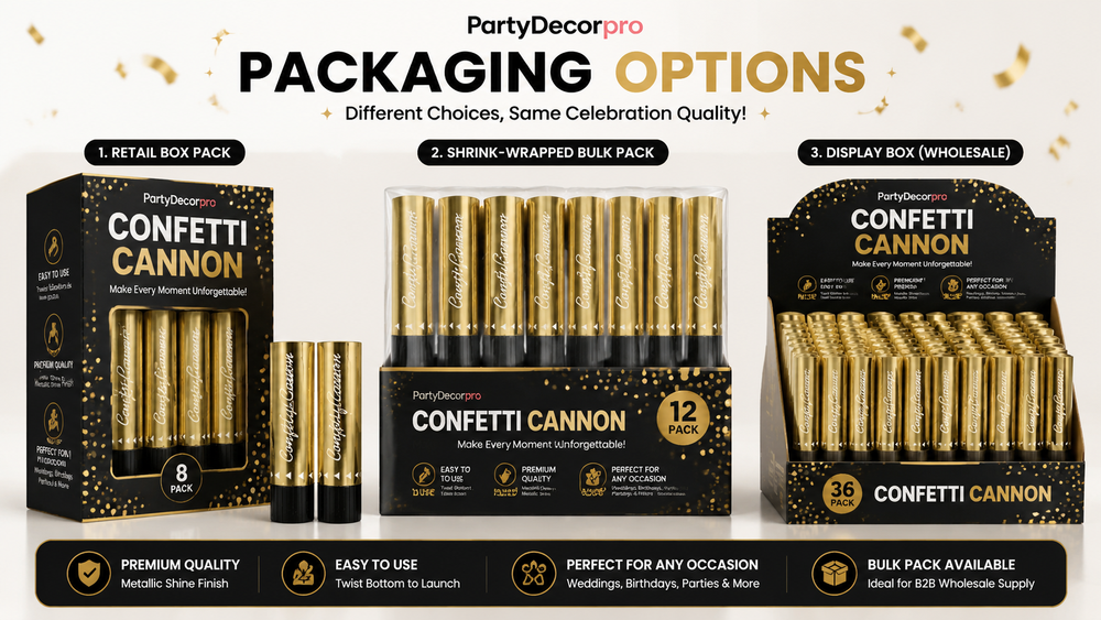 Three gold confetti cannon packaging options for weddings, birthdays, and parties, customizable and festive.