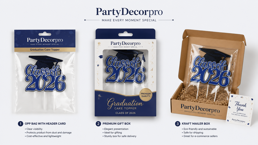Graduation cake topper packaging options including OPP bag, premium gift box, and kraft mailer, customizable for any brand.