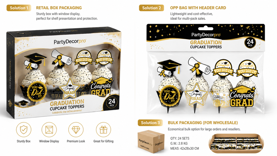 Graduation cupcake topper packaging options showing retail box, OPP bag, and bulk packaging, customizable styles.